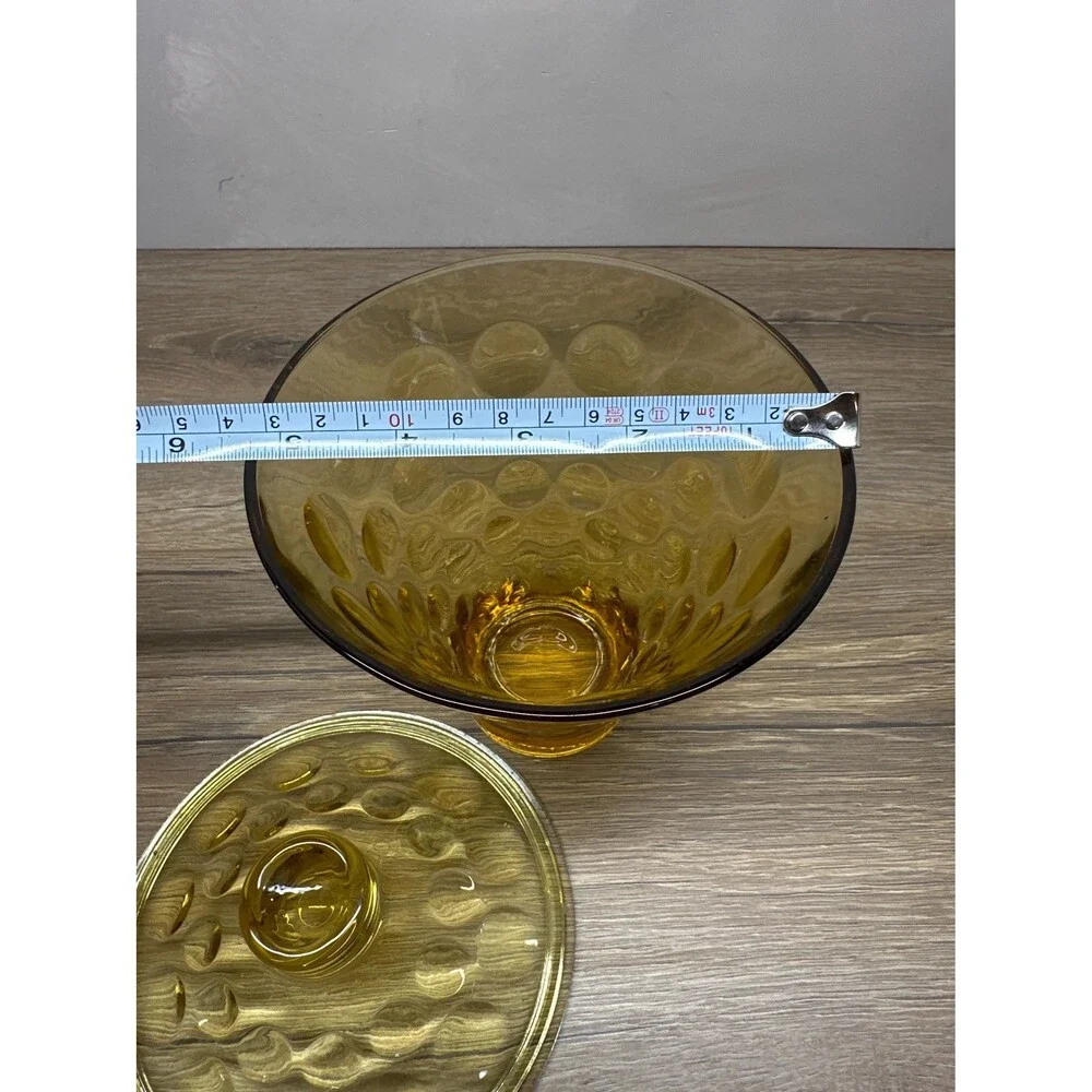 Vintage 1960s Hazel Atlas Eldorado Amber Glass Covered Candy Dish, Coin Dot Text